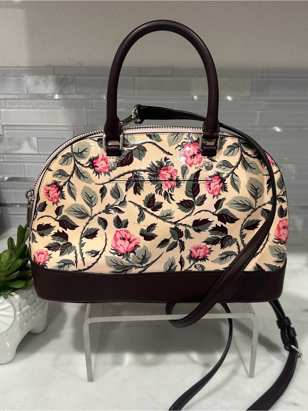 Coach Cream Floral Dome Satchel with Pink Roses and Brown Trim Patent & Leather - Picture 6 of 16